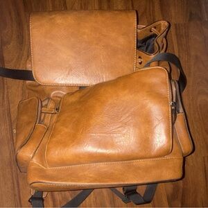 Women's Tan Faux Leather Backpack with Multiple Compartments